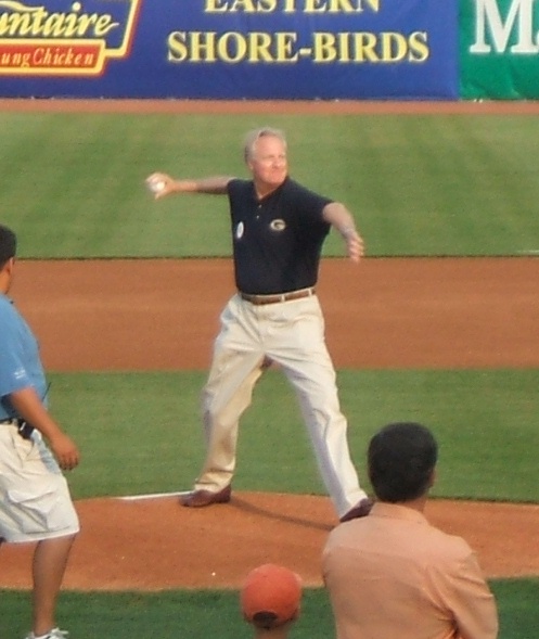 District 38B Delegate hopeful Michael James shows good form in throwing out a ceremonial first pitch.